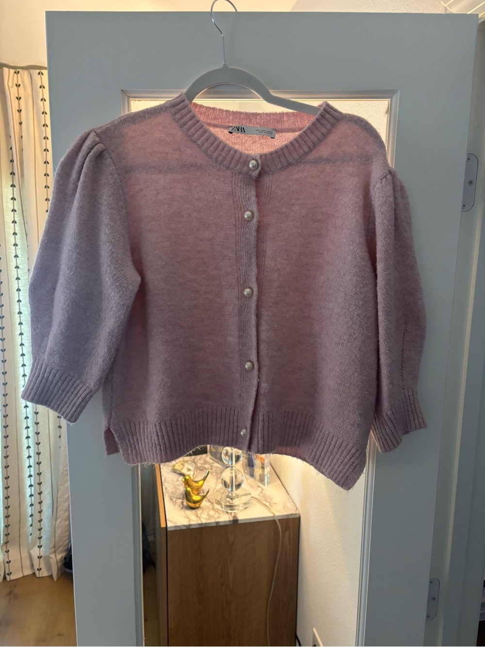 Zara Dusty Pink Pearl-Button Puff Sleeve Cardigan